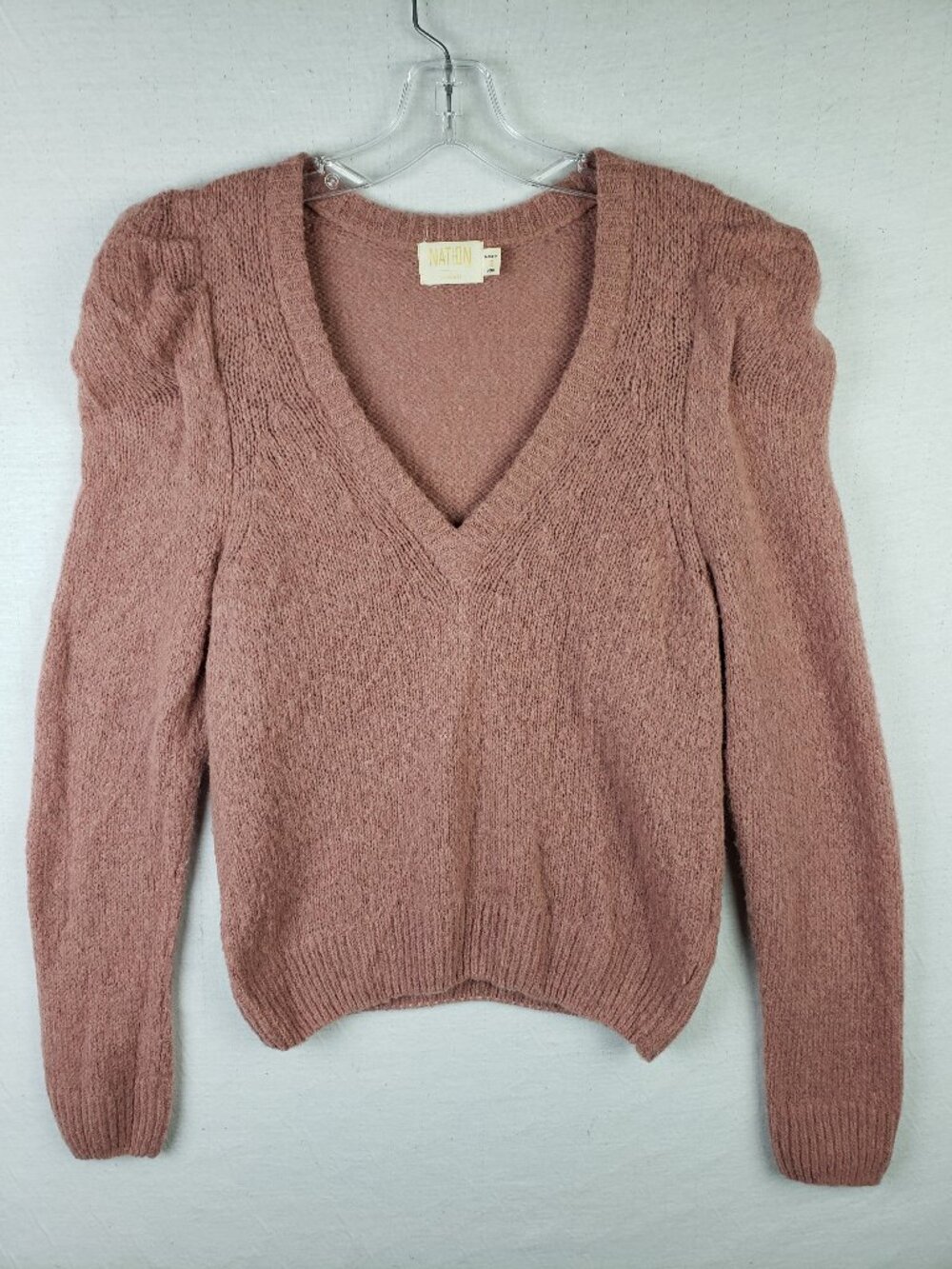Nation LTD Sweater Baby Alpaca Merino Wool Blend Puff Sleeve V-neck Mauve Pink S
